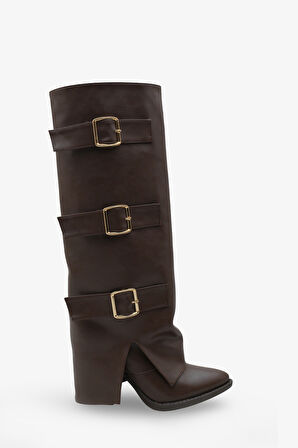 Kadın Kemer Detaylı Sivri Burun Çizme Asse Kahve