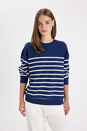 DeFacto Relax Fit Bisiklet Yaka Çizgili İnce Basic Sweatshirt A9255AX24WNNV42