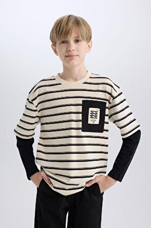DeFacto Erkek Çocuk Oversize Geniş Kalıp Bisiklet Yaka Uzun Kollu Tişört D8499A825SPER135