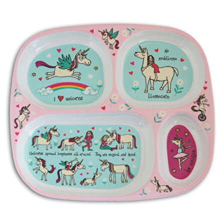 Melamin Bölmeli Tabak / Alıştırma Bardağı / Kutulu Çatal Kaşık Seti (4'lü Set) Unicorn