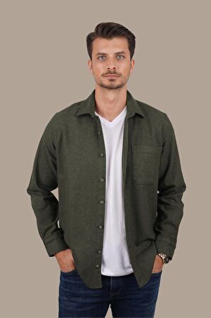 Haki Düz Oversize Oduncu Erkek Gömlek