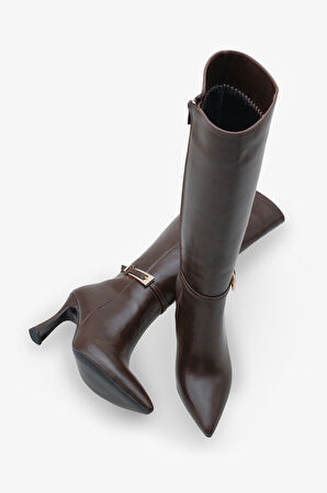 Kadın Tokalı Yandan Fermuarlı Topuklu Sivri Burun Günlük Çizme Kilves Kahve