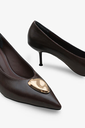 Kadın Sivri Burun Gold Tokalı Günlük Topuklu Stiletto Peris Kahve