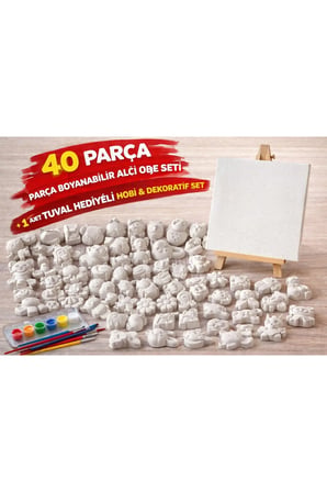 40 Parça Boyanabilir Alç? Obje Seti + Tuval Hediyeli | Hobi & Dekoratif Set