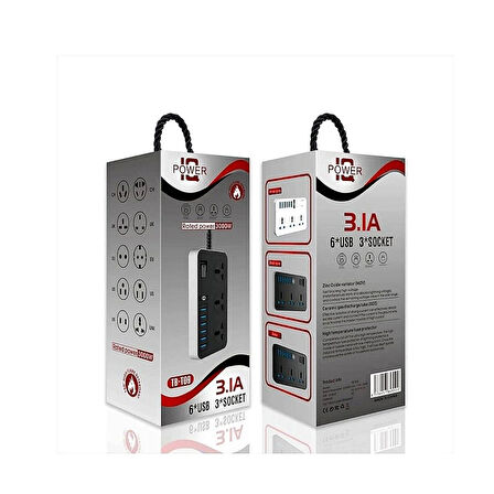  Uzatma Kablosu 6 USB 3 Priz Girişli Aşırı Gerilim Koruyuculu Güç Şeridi 