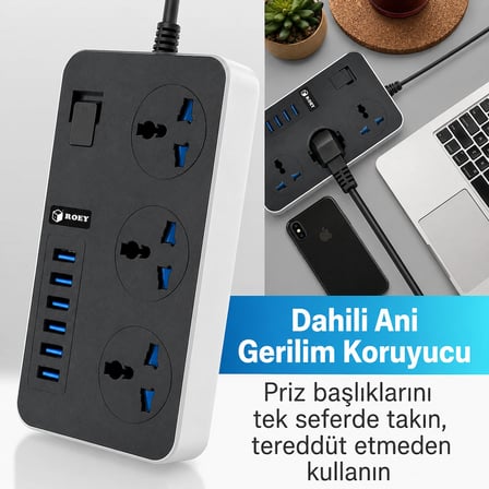  Uzatma Kablosu 6 USB 3 Priz Girişli Aşırı Gerilim Koruyuculu Güç Şeridi 