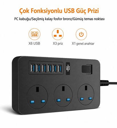  Uzatma Kablosu 6 USB 3 Priz Girişli Aşırı Gerilim Koruyuculu Güç Şeridi 