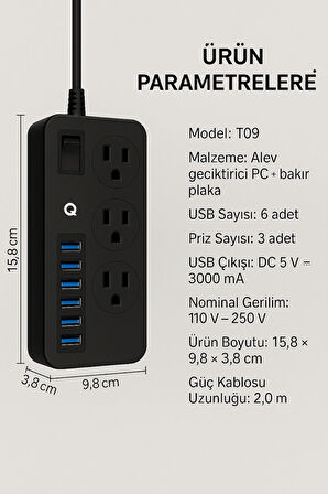  Uzatma Kablosu 6 USB 3 Priz Girişli Aşırı Gerilim Koruyuculu Güç Şeridi 