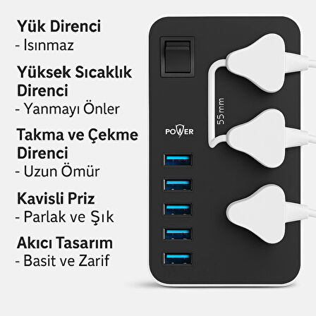  Uzatma Kablosu 6 USB 3 Priz Girişli Aşırı Gerilim Koruyuculu Güç Şeridi 