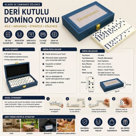Deri Kutulu Domino Oyunu 28 Taş Klasik Masa Oyunu Aile Eğlence Strateji Seti 20 Cm Saklama Kutulu