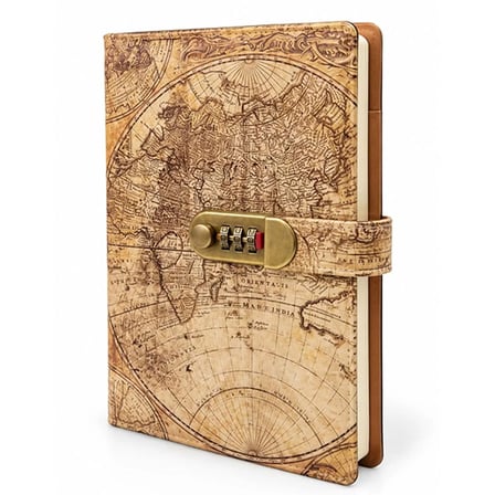 Şifreli Vintage Dünya Haritası Desenli Defter 22x15 Cm Kilitli Günlük ve Not Defteri