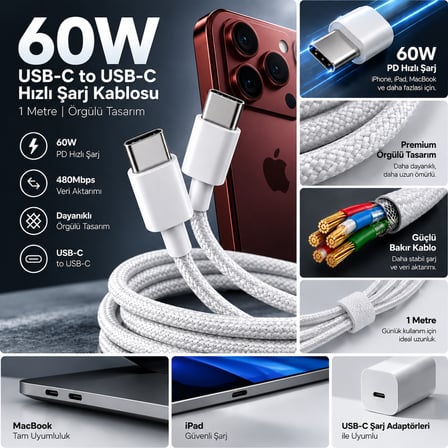 60W Premium Örgülü USB Type-C to Type-C Sarj Kablosu