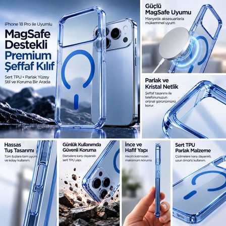 Premium TPU Şeffaf Mavi Kılıf iPhone 18 Pro ile Uyumlu-Magsafe