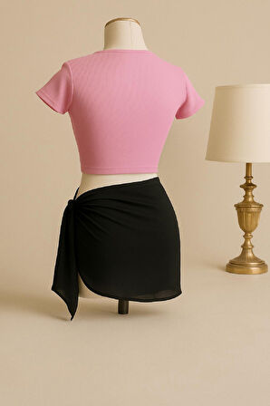 Kadın Pembe Yarım Kol Crop Ve Siyah Pareo 2'li Set