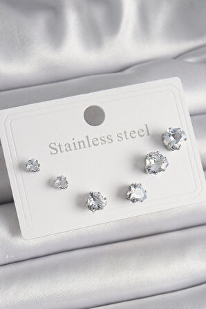 Dodes Dodes 316L Çelik Gümüş Renk Zirkon Taşlı Kalp Model Kadın Küpe Seti TG27BKP9879