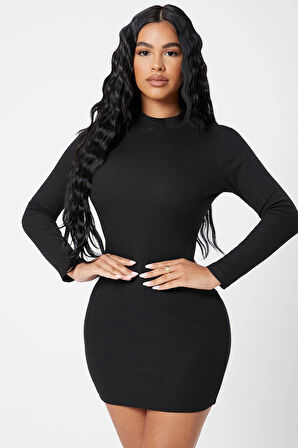 Kadın Siyah Kaşkorse Balıkçı Yaka Uzun Kollu Bodycon Mini Elbise