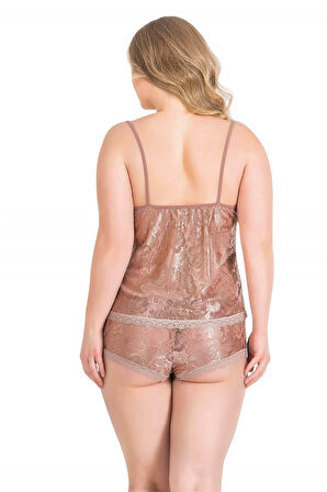 Büyük Beden Vizon Jakarlı Babydoll Şort Takımı