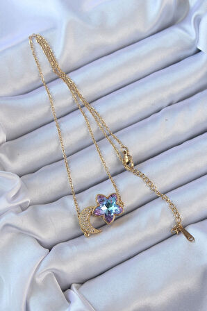 Dodes Dodes 316L Çelik Zincir Altın Renk Ay Tasarımlı Renkli Zirkon Taşlı Çiçek Kolye TG27BKO9135