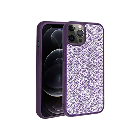 Teleplus Apple iPhone 12 Pro Kılıf Diamond Parlak Taşlı Ston Kapak Silikon Derin Mor