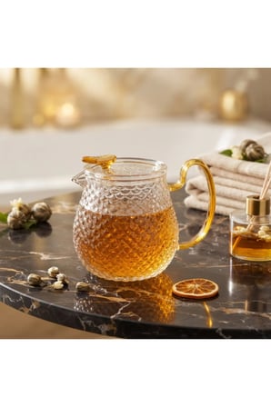 3 Adet Şık Tasarımlı Cam Demlik – 550 ML Borosilikat Cam, Altın Sarısı Kulplu Dokulu Glass Teapot, Çay Ve Bitki Çayı Demliği