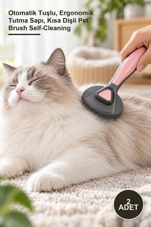 2 Adet Kendini Temizleyen Otomatik Kedi Ve Köpek Tarağı – Otomatik Tuşlu, Ergonomik Tutma Sapı, Kısa Dişli Pet Brush Self-Cleaning