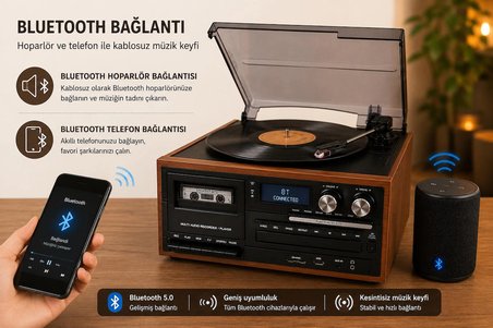Dosound TR-17S Ahşap Çok Fonksiyonlu Pikap Kaset CD USB Bluetooth Müzik Sistemi