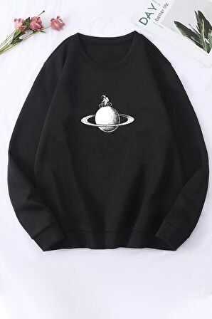 Unisex Astronaut Rides Baskılı Bisiklet Yaka Sweatshirt