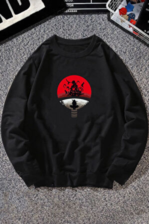 Uyguntarz Unisex Itachi Uchiha Baskılı Bisiklet Yaka Sweatshirt