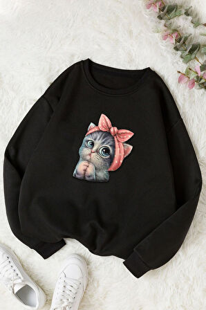 Unisex Sevimli Kedi Baskılı Bisiklet Yaka Sweatshirt