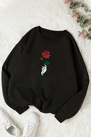 Unisex Rose Bisiklet Yaka Sweatshirt