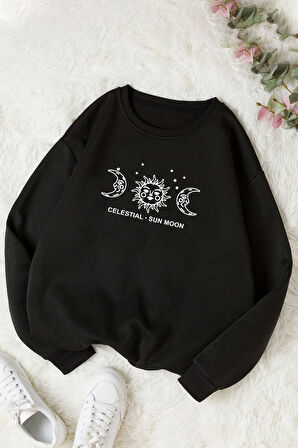 Uyguntarz Unisex Sun Moon Bisiklet Yaka Sweatshirt