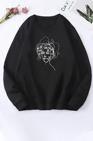 Uyguntarz Unisex Woman one line Baskılı Bisiklet Yaka Sweatshirt