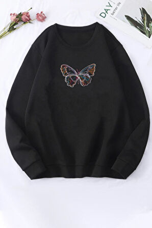 Unisex Butterfly Baskılı Bisiklet Yaka Sweatshirt