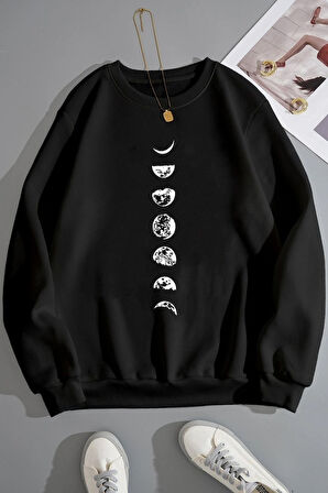 Uyguntarz Unisex Moon Phases Bisiklet Yaka Sweatshirt