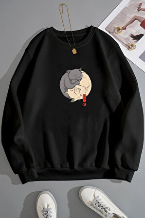 Uyguntarz Unisex Shinobi Kedi Bisiklet Yaka Sweatshirt