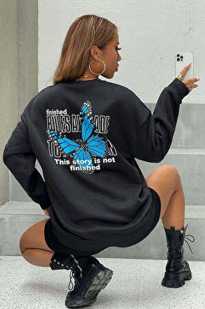 Uyguntarz Unisex Kelebek Baskılı Bisiklet Yaka Sweatshirt
