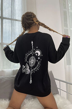 Uyguntarz Unisex Pusula Sırt Baskılı Bisiklet Yaka Sweatshirt