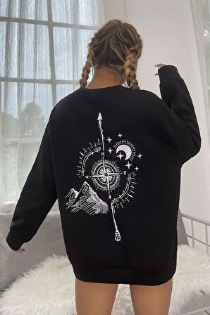 Uyguntarz Unisex Pusula Sırt Baskılı Bisiklet Yaka Sweatshirt