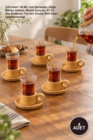 4 Adet Çay Seti – Çift Cidarlı 150 ML Cam Bardaklar, Doğal Bambu Altlıklar, Misafir Sunumu, Ev Ve Ofis Kullanımı, Tea Set, Double Wall Glass