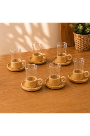 4 Adet Çay Seti – Çift Cidarlı 150 ML Cam Bardaklar, Doğal Bambu Altlıklar, Misafir Sunumu, Ev Ve Ofis Kullanımı, Tea Set, Double Wall Glass