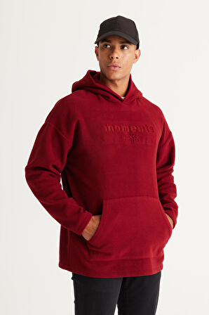 Erkek Bordo Oversize Bol Kesim Kapüşonlu Polar