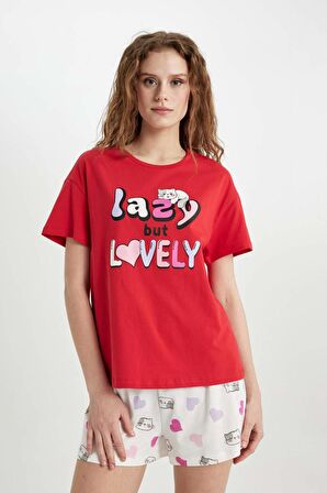 DeFacto Fall in Love Pijama Takımı Regular Fit Baskılı Kısa Kollu Üst Şort C0770AX24SMER105