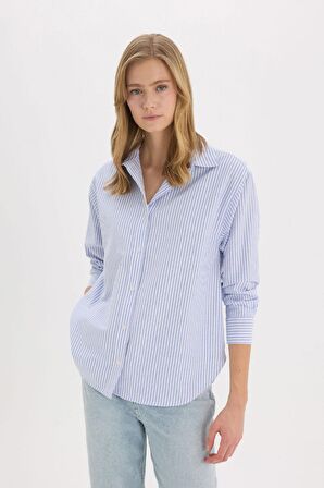 Oversize Geniş Kalıp Gömlek Yaka Çizgili Oxford Uzun Kollu Gömlek