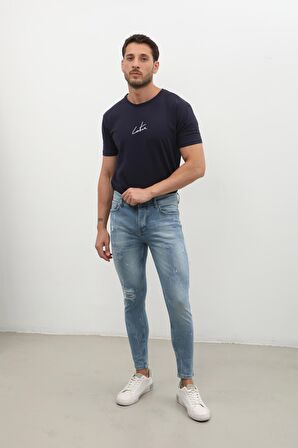 Erkek Skinny Ripped Jean Açık Mavi