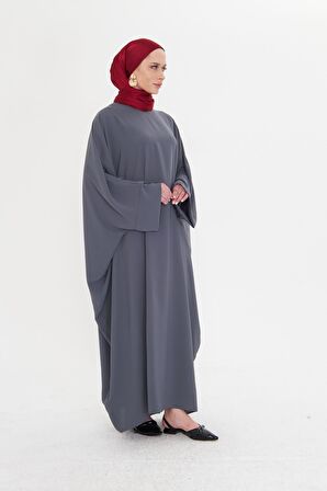 Antrasit Yarasa Kol Oversize Medine İpeği Arkası Düğmeli Düz Elbise 4001_25