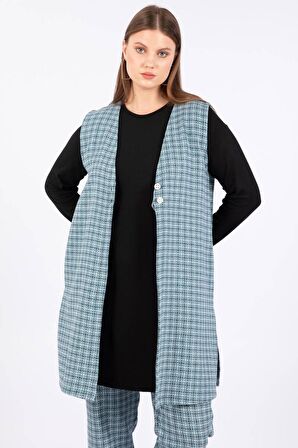 Kadın Büyük Beden Kareli Yelekli Takım 3'lü Mavi