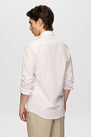 Ds Damat Slim Fit Pembe Çizgili Düğmeli Yaka %100 Pamuk Flamlı Yazlık Keten Görünümlü Gömlek 0HC02ORT06265 0HC02ORT06265