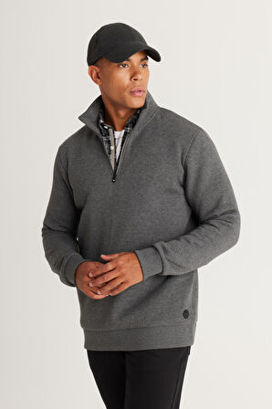 Erkek Antrasit-melanj Standart Fit Normal Kesim Içi Polarlı Bato Yaka Pamuklu Sweatshirt