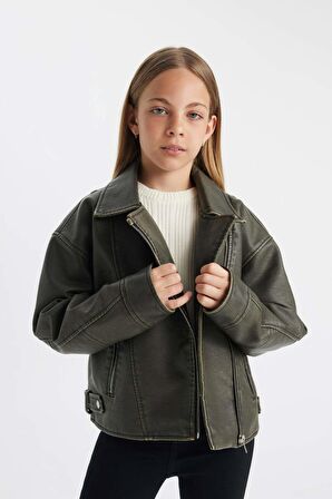 DeFacto Kız Çocuk Su İtici Ceket Yaka Fermuarlı Rüzgar Geçirmez Suni Deri Mont C4977A824AUBN303