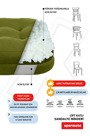 XPERMATE 2'li Çift Kat Sandalye Minderi Fermuarlı Yıkanabilir Kılıf Bağcıklı Su ve Yağ İtici 42x42x8 Yeşil